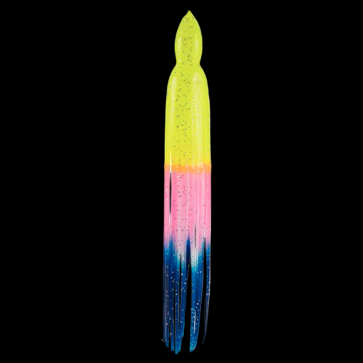 A multicolored fishing lure skirt with blue, pink, and yellow colors.