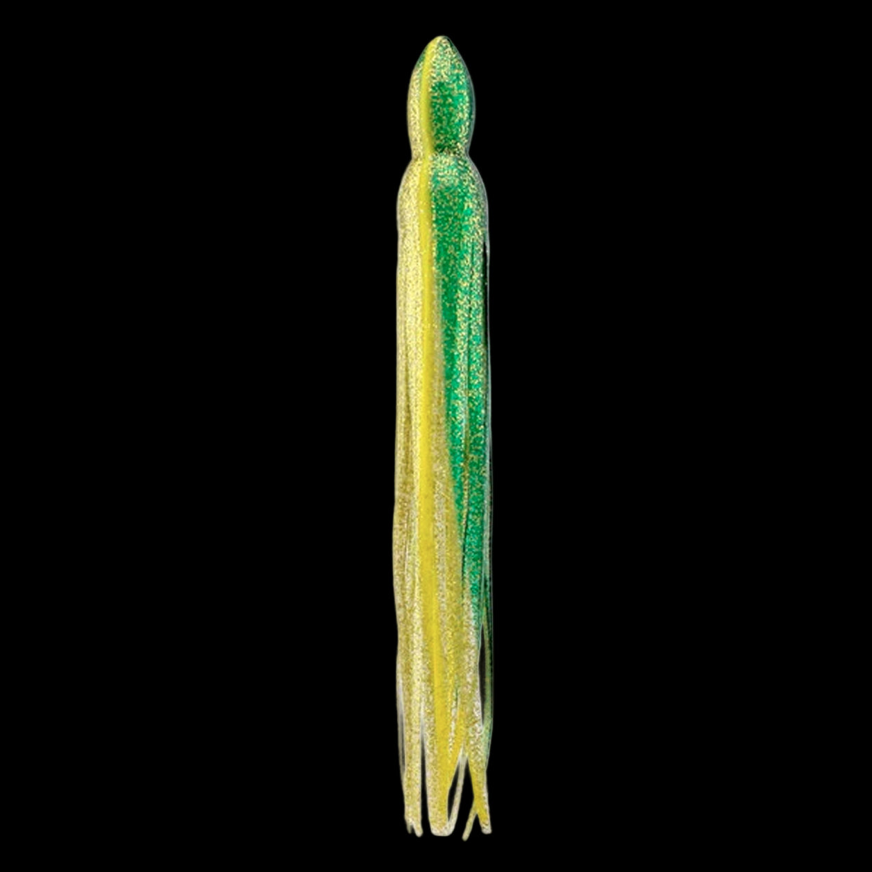 A green/yellow fishing lure skirt with a glittery finish.