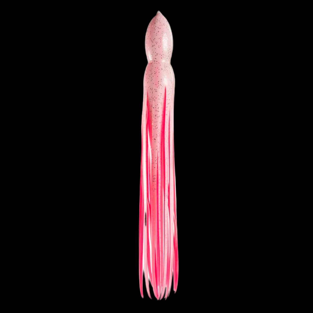 A pink fishing lure skirt with long, flowing streamers.