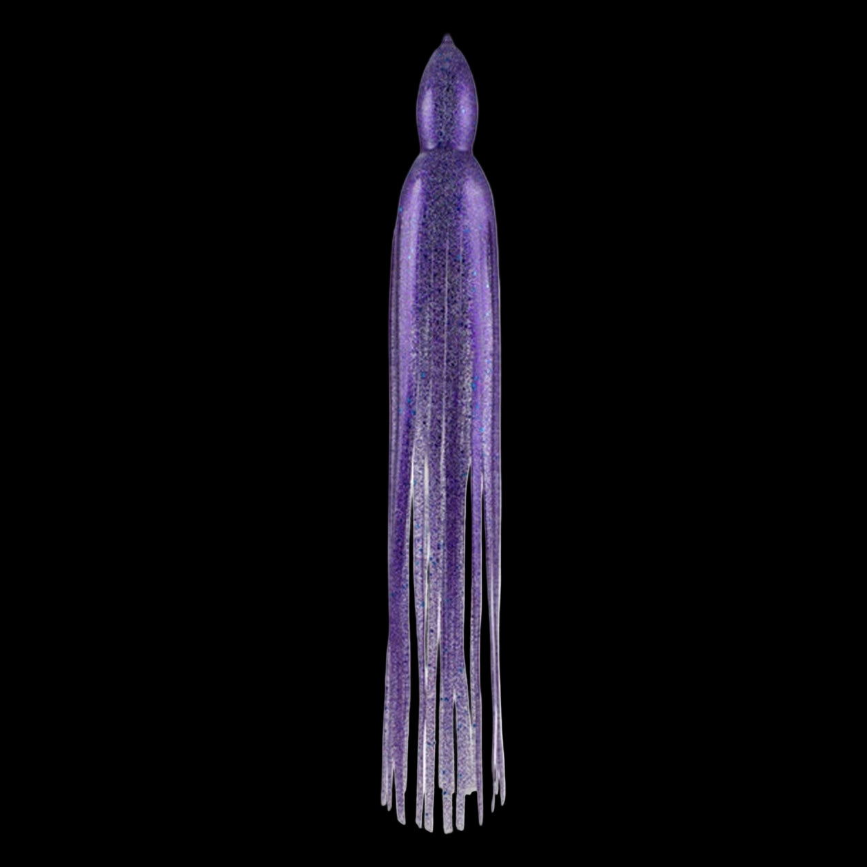 A purple fishing lure skirt with glitter and a solid pattern, designed for use in water sports.