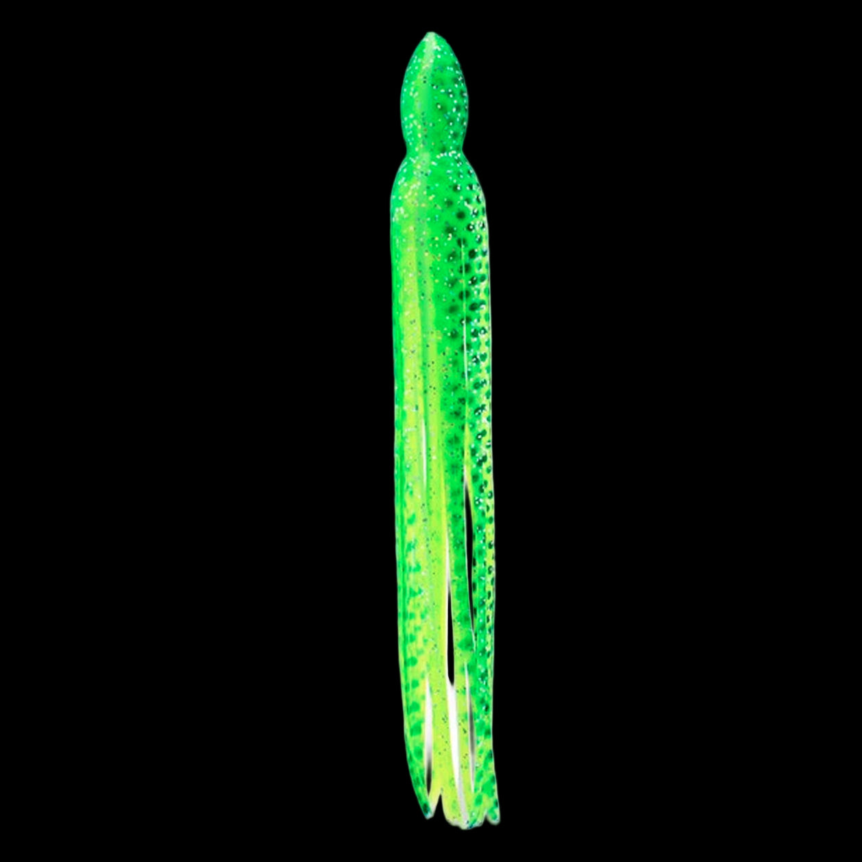 A green fishing lure skirt with a wide, elongated body and numerous small, reflective eyes for surface popping.