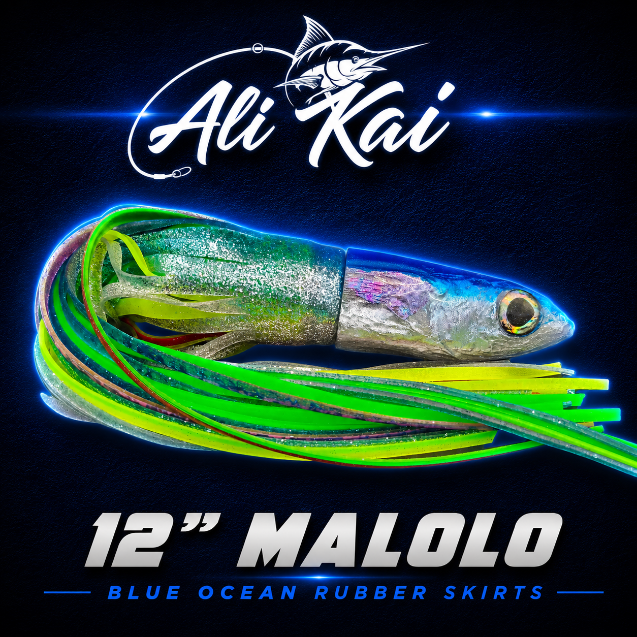 Ali'i Kai 12" Malolo Game fishing lure, Skirted with Blue Ocean rubber skirts, Warren Hay Marine, Whangarei