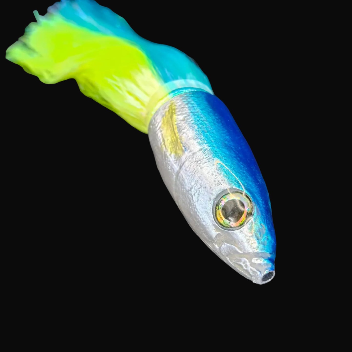 Aliʻi Kai Opelu 9 inch game fishing lure skirted in ice blue and pearl over chartreuse Tantrum Strobez skirts