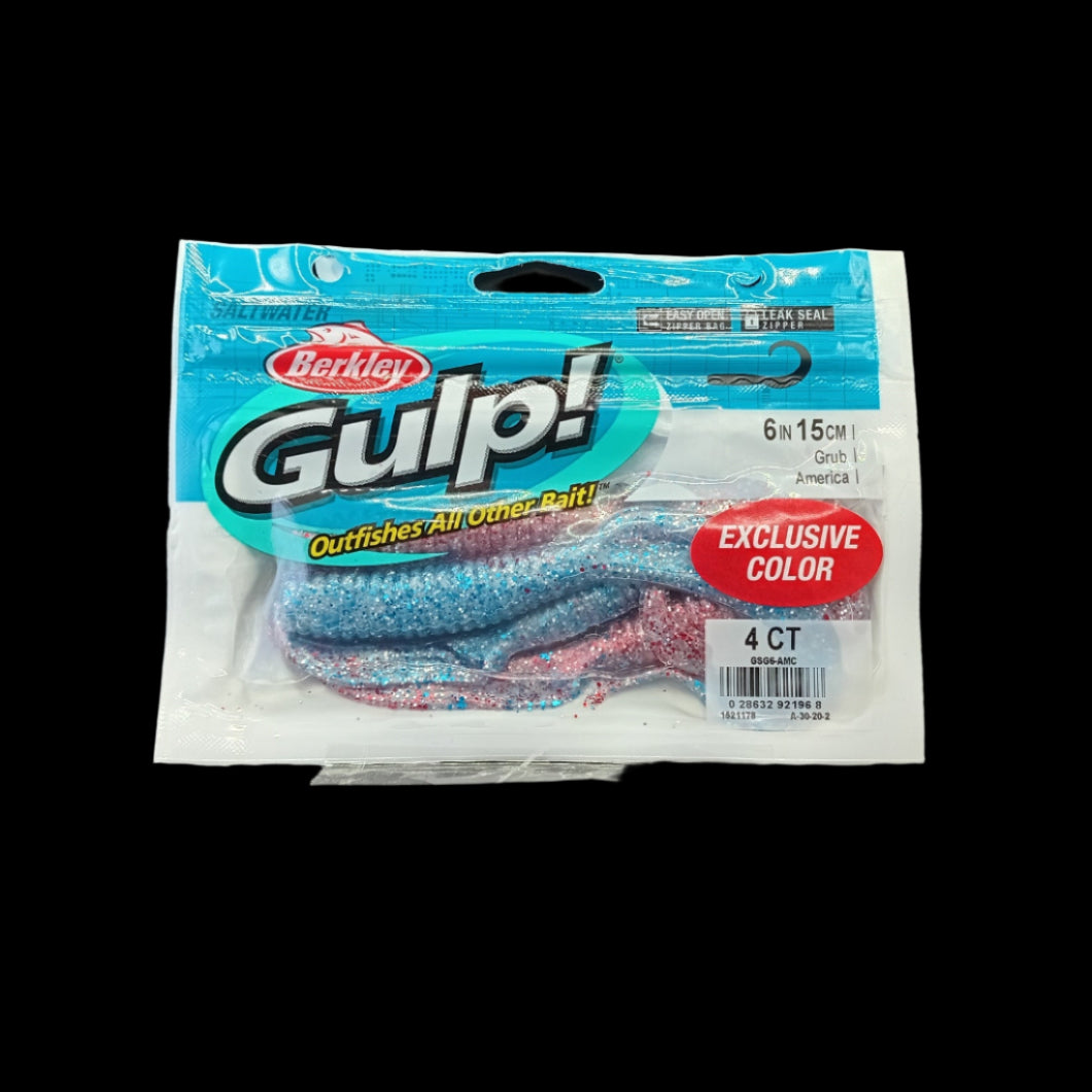 Berkley Gulp! 6" Grub in America – red, white, and blue scented soft bait with high-action curly tail for snapper, kingfish, and more.