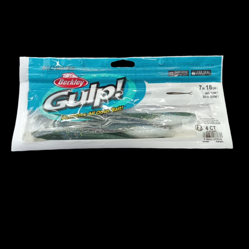 Berkley Gulp! 7" Jerk Shad in Silver Mullet – long silver softbait with realistic baitfish profile and scent dispersion.