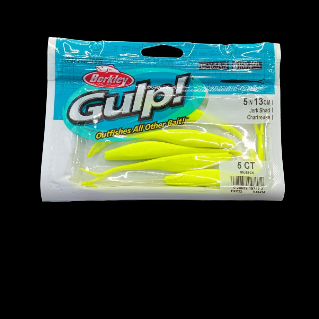 Berkley Gulp! 5" Jerk Shad in Chartreuse – high-visibility scented soft bait with darting baitfish action.