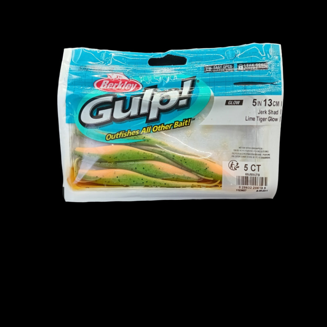 Berkley Gulp! 5" Jerk Shad in Lime Tiger Glow – glow-in-the-dark soft bait with darting action and scented attractant.