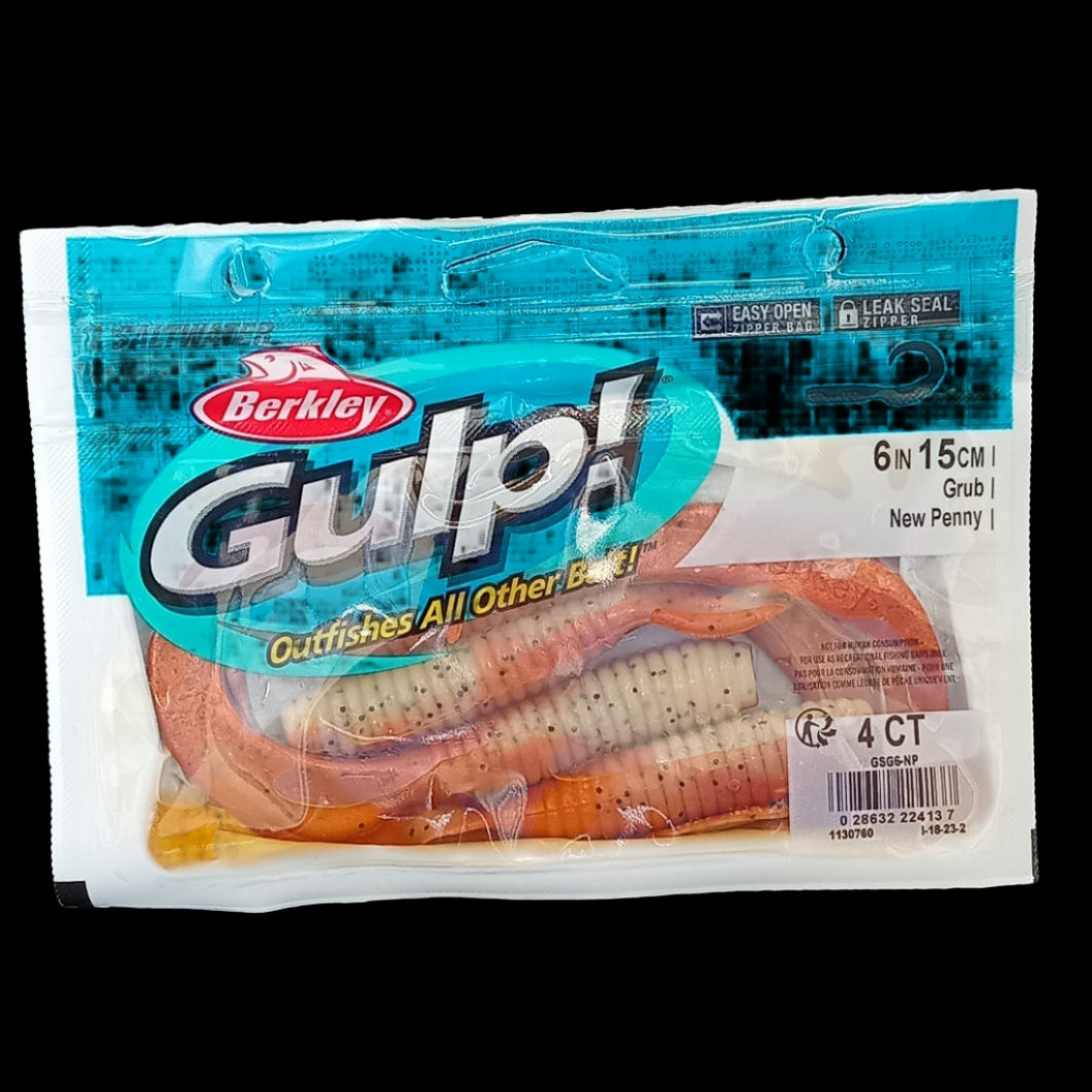 Berkley Gulp! 6" Grub in New Penny – copper-brown softbait with curly tail and scent dispersion.