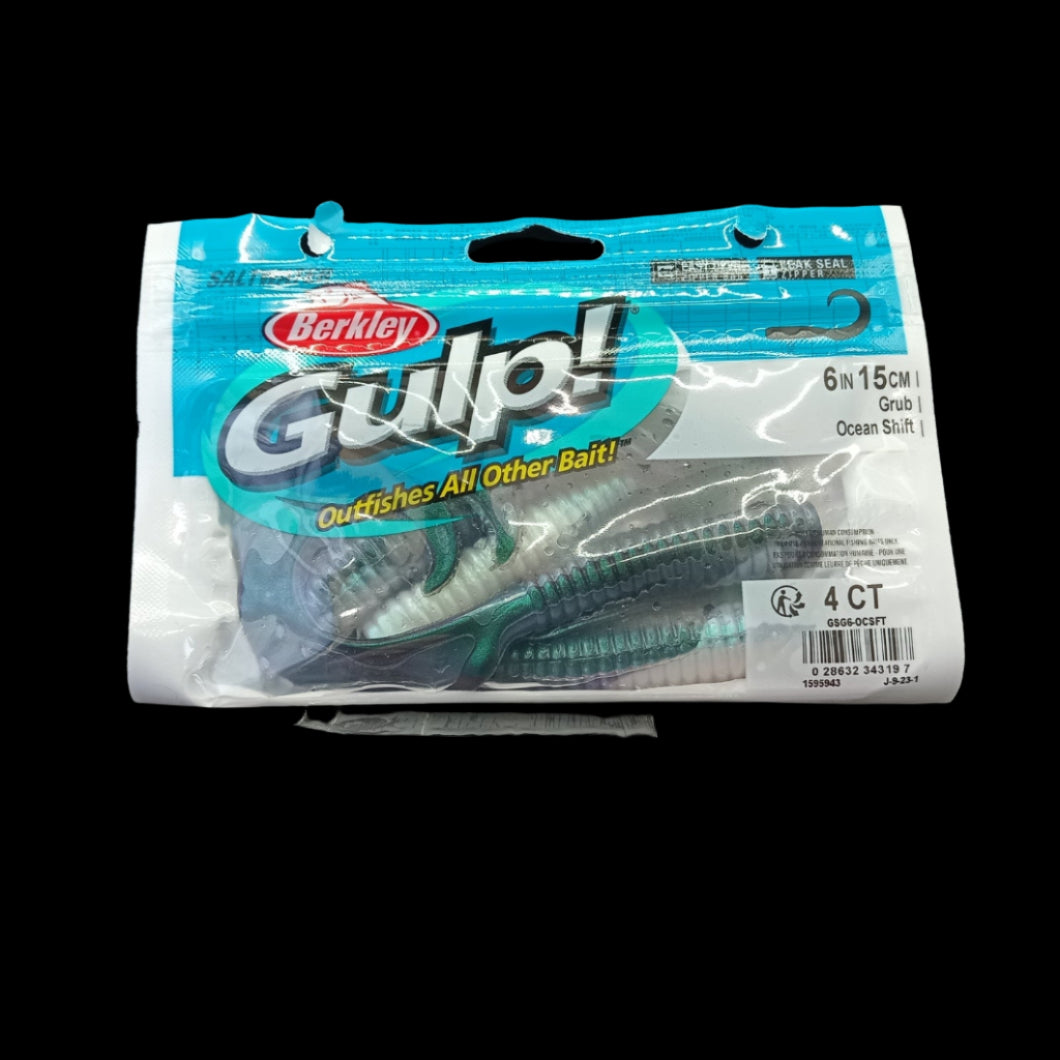Berkley Gulp! 6" Grub in Ocean Shift – soft bait with colour-shifting finish, curly tail action, and strong scent for snapper and kingfish.