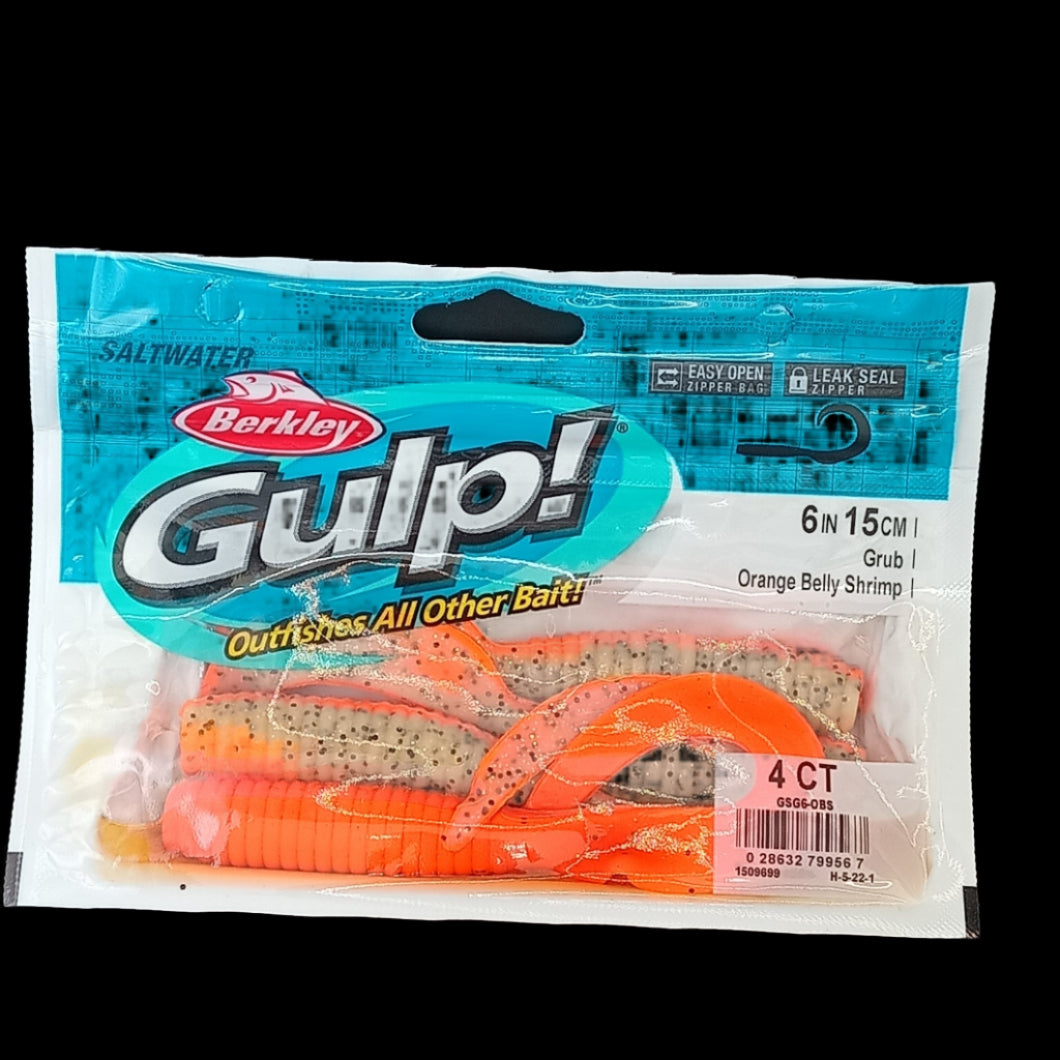 Berkley Gulp! 6" Grub in Orange Belly Shrimp – softbait with curly tail and orange belly, scented for saltwater fishing.