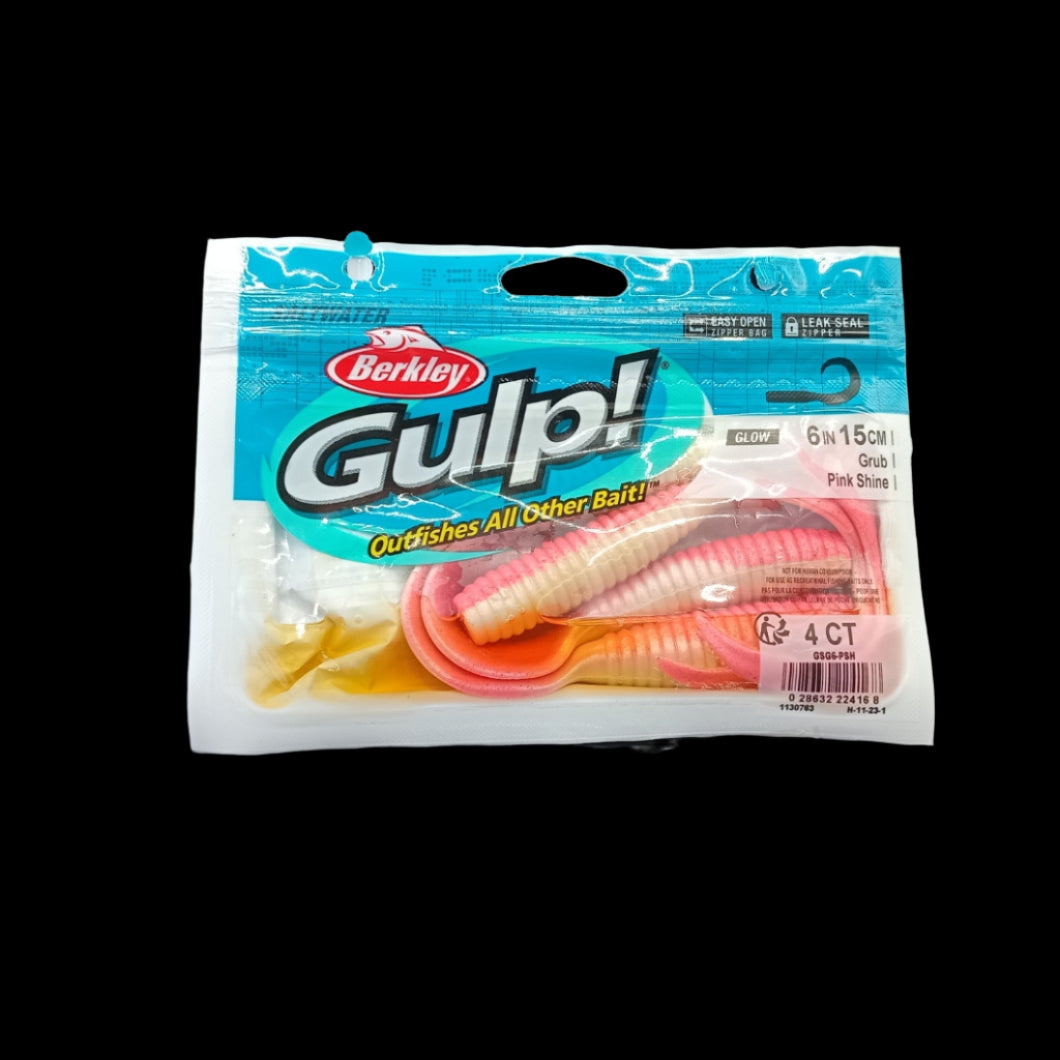Berkley Gulp! 6" Grub in Pink Shine – scented soft bait with bright pink shimmer and curly tail for big snapper and kingfish.