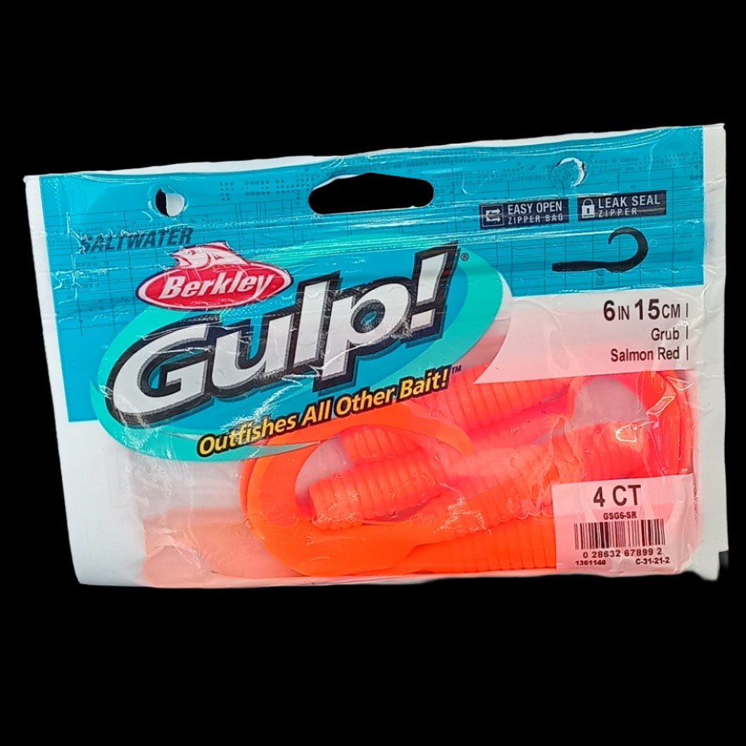 Berkley Gulp! 6" Grub in Salmon Red – pink-red softbait with curly tail and scent dispersion.