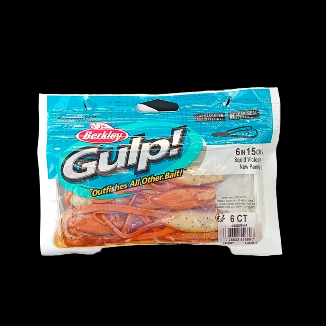 Berkley Gulp! 6" Squid Vicious in New Penny – copper-brown squid softbait with flexible tentacles and scent.