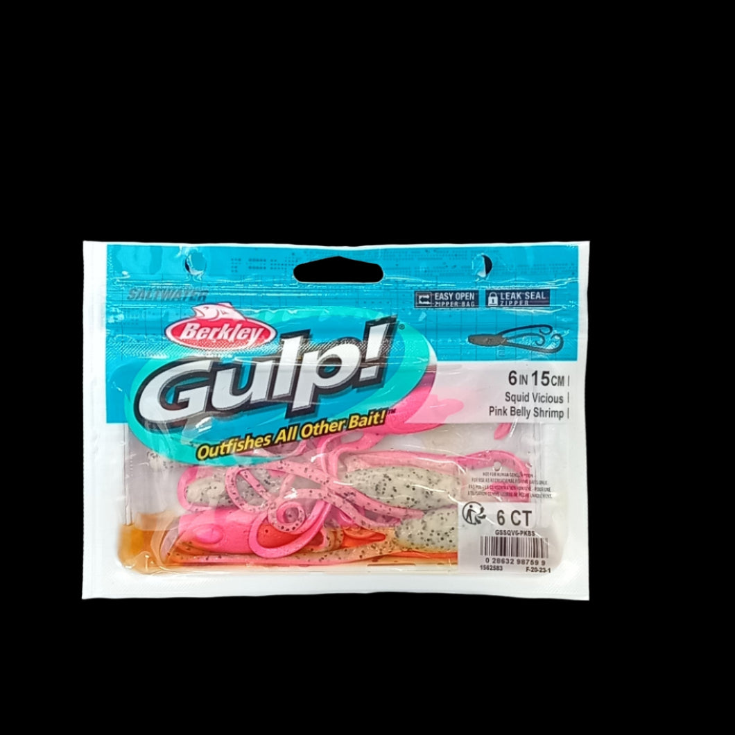 Berkley Gulp! 6" Squid Vicious in Pink Belly Shrimp – shrimp-coloured squid softbait with flexible tentacles and scent dispersion.
