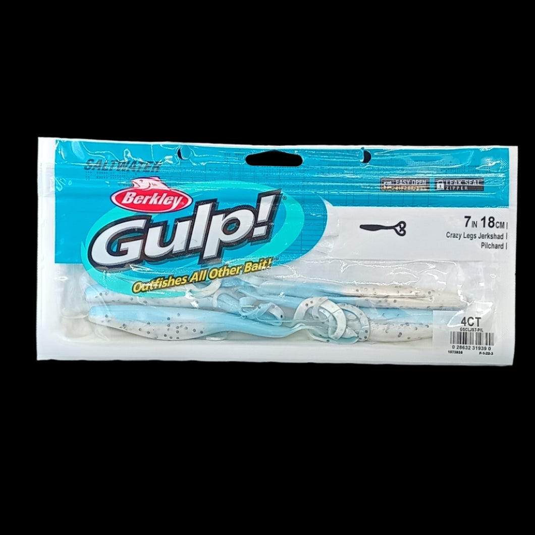 Berkley Gulp! 7" Crazy Legs in Pilchard – silver-blue softbait with multi-legged tail and powerful scent attractant.