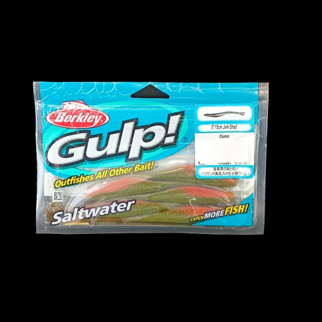 Berkley Gulp! 5" Jerk Shad in Camo – lifelike softbait with natural tones and erratic darting action for inshore and offshore fishing.