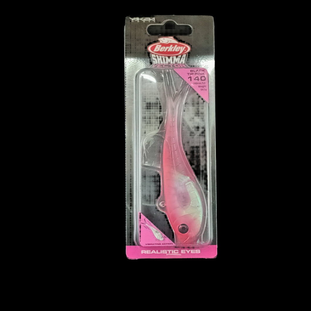 Berkley Shimma 140 soft bait in Black Tip Pink – 64.5g paddle tail lure designed for snapper, kingfish, and predatory species.