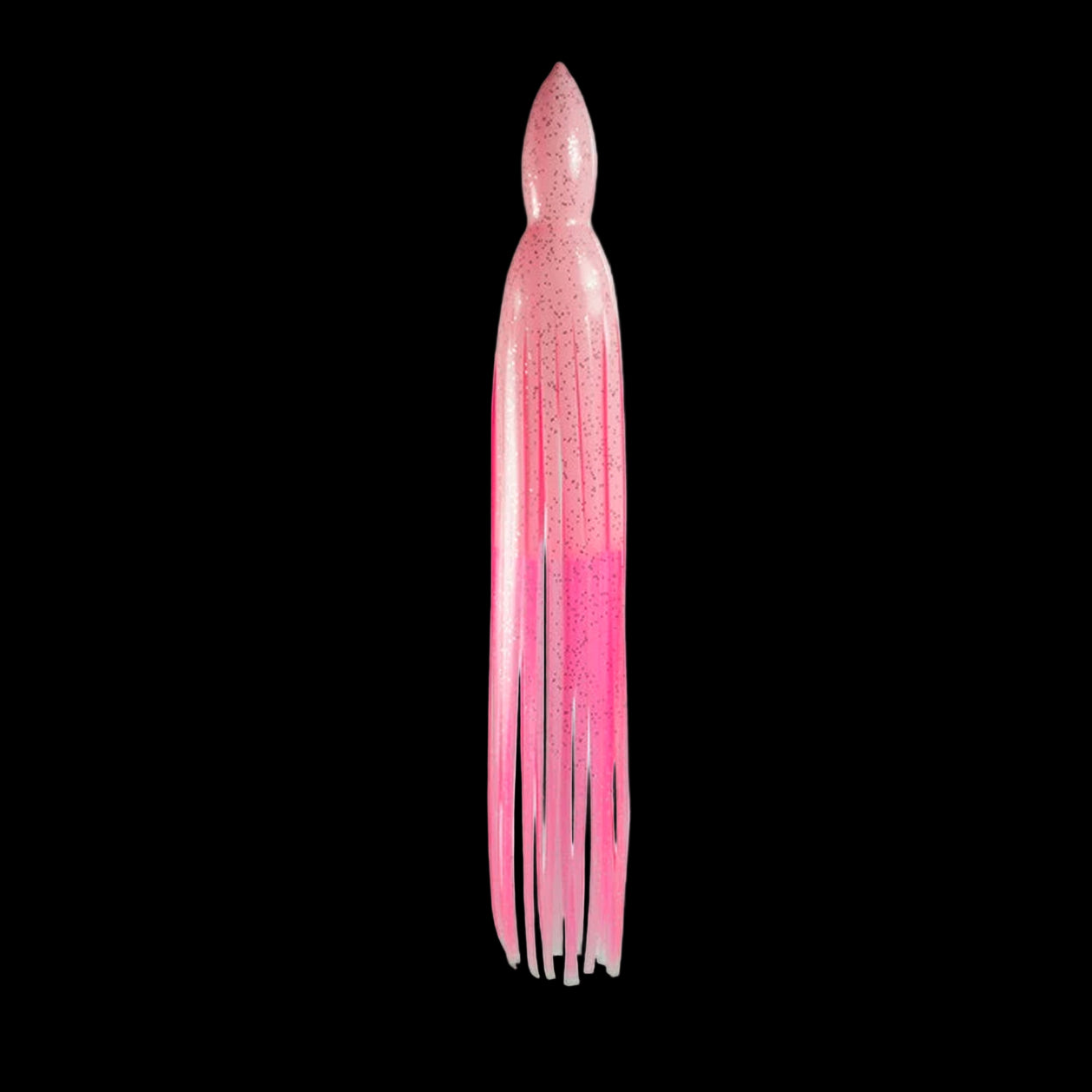 Blue Ocean pink fishing lure skirt with a glittery surface and a tapered design.
