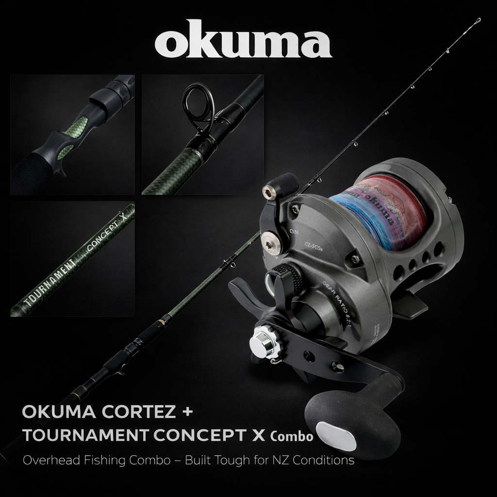 Okuma Cortez CZ-5CSA overhead reel paired with Okuma Tournament Concept 6–10kg overhead fishing rod combo