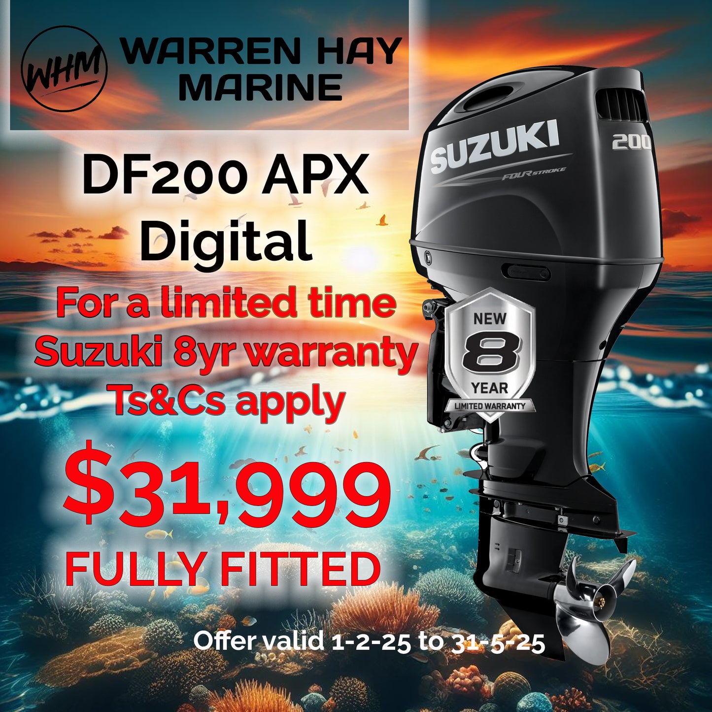 Suzuki DF200 four stroke Digital fully fitted deal + 8 Year Warranty.