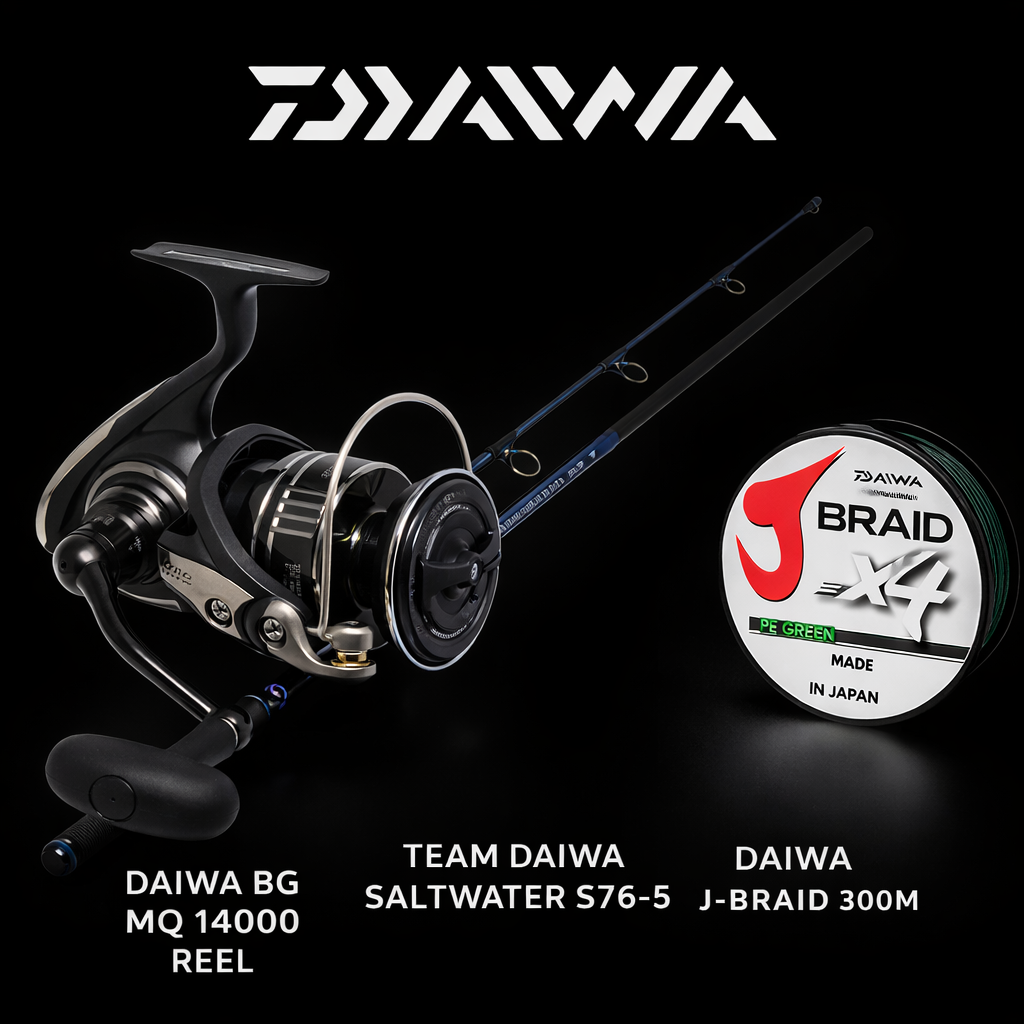 Daiwa BG MQ 14000 spinning reel with Team Daiwa Saltwater S76-5 rod and Daiwa J-Braid 300m combo
