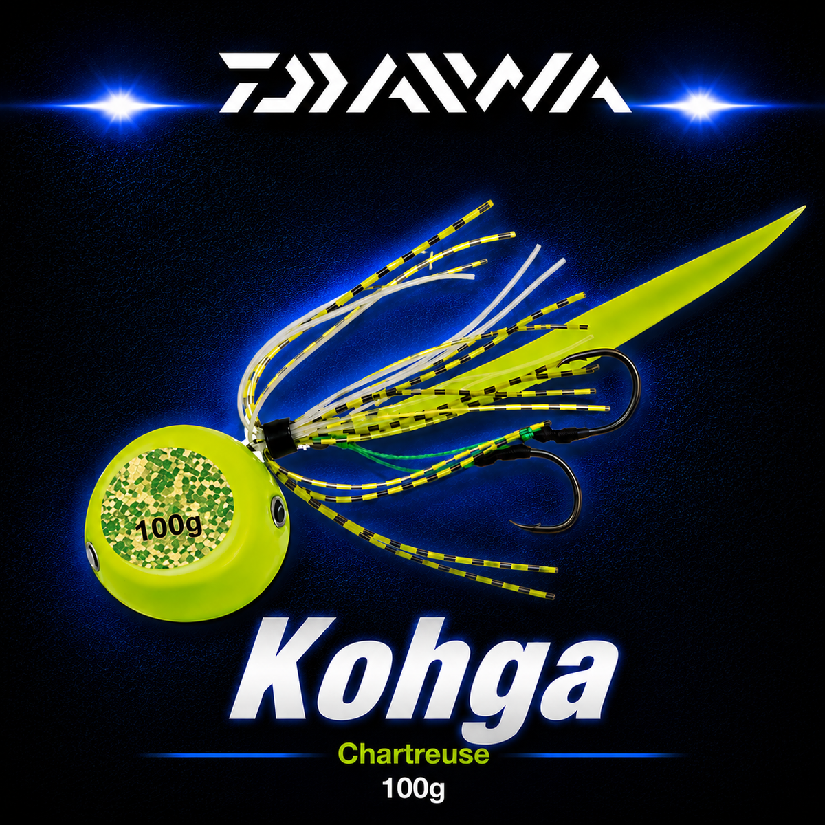 Daiwa Kohga Chartreuse 100g fishing jig with bright chartreuse head, reflective insert, striped skirt and twin assist hooks.