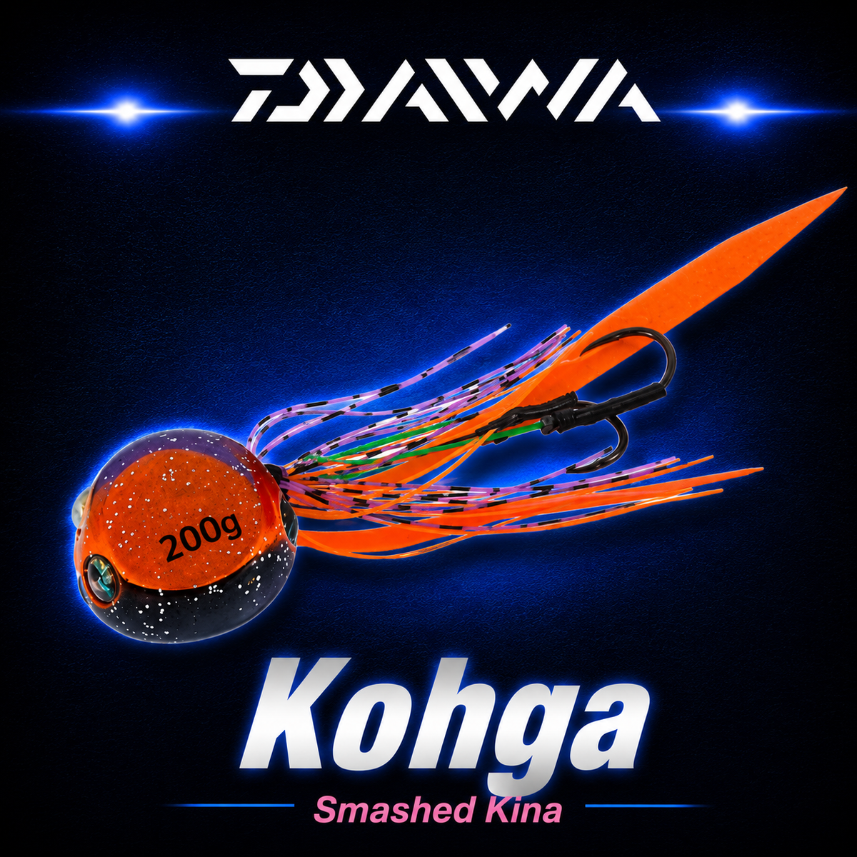 Daiwa Kohga Smashed Kina 200g fishing jig with orange and black head, colourful skirt and twin assist hooks.