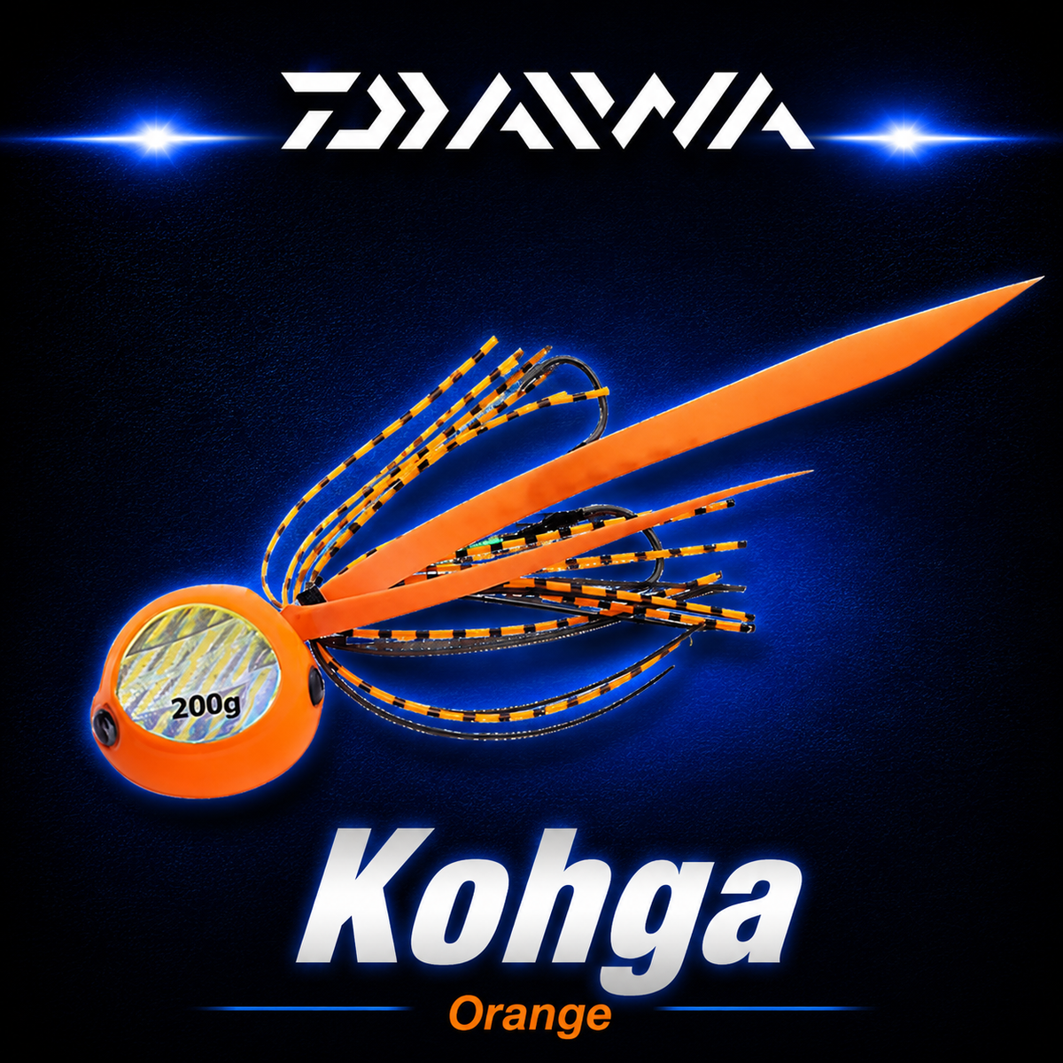 Daiwa Kohga Orange 200g fishing jig with bright orange head, holographic insert, orange skirt and twin assist hooks.