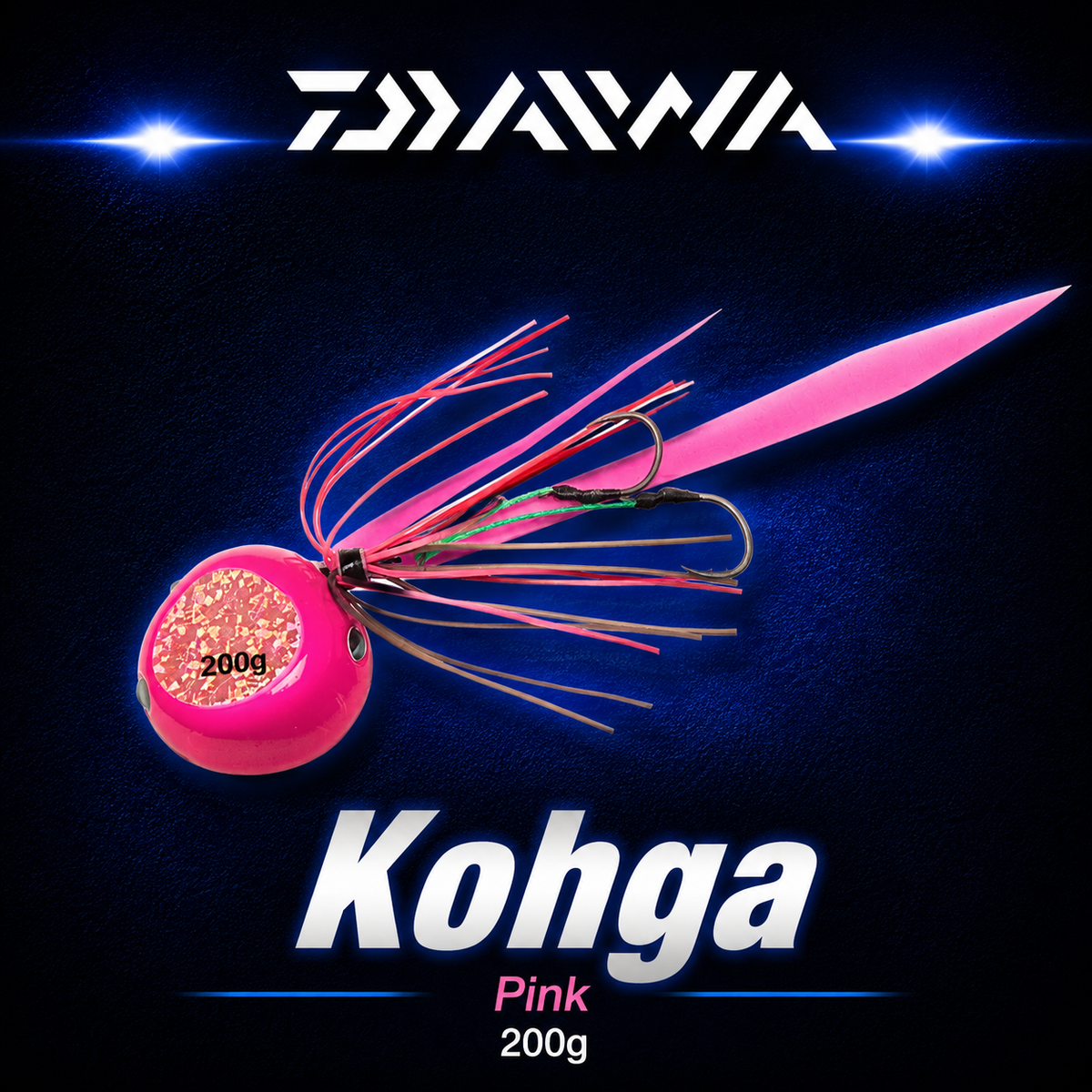 Daiwa Kohga Pink 200g fishing jig with bright pink head, reflective insert, pink skirt and twin assist hooks.