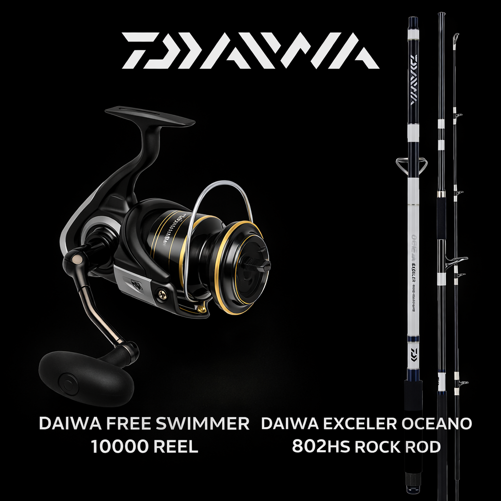 Daiwa Free Swimmer 10000 spinning reel with Daiwa Exceler Oceano 802HS rock rod combo