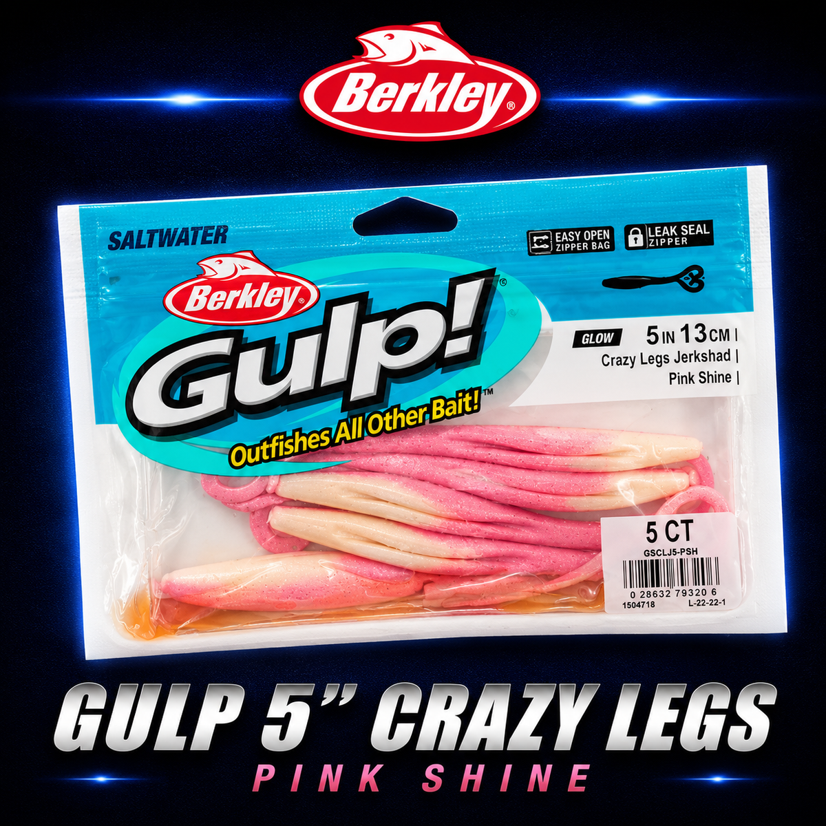 Berkley Gulp! 5" Crazy Legs in Pink Shine – pink softbait with fluttering legs and scent dispersion for saltwater predators.