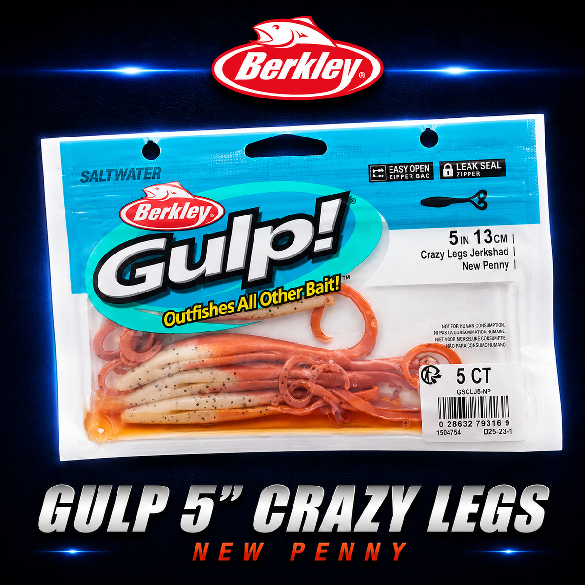 Berkley Gulp! 5" Crazy Legs in New Penny – copper-brown softbait with fluttering legs and powerful scent dispersion.