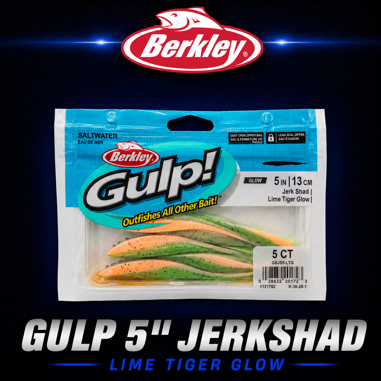 Berkley Gulp! 5" Jerk Shad in Lime Tiger Glow – glow-in-the-dark soft bait with darting action and scented attractant.