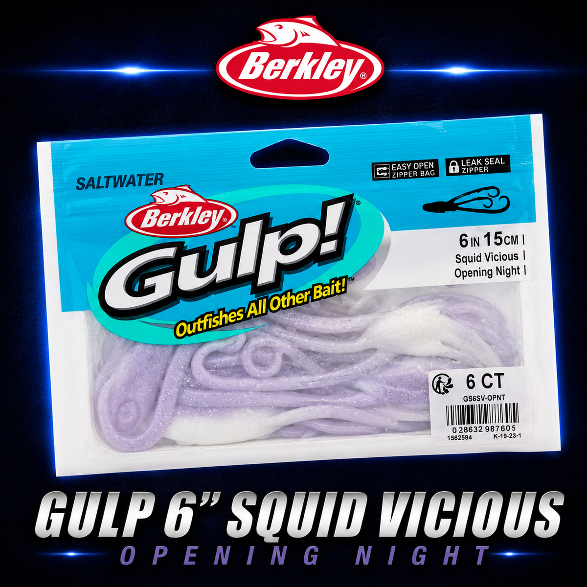 Berkley Gulp! 6" Squid Vicious in Opening Night – pink and purple squid softbait with flexible tentacles and scent.