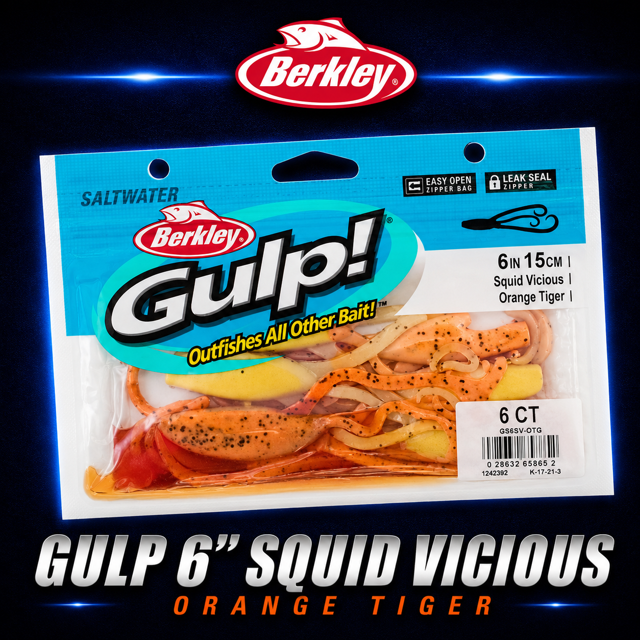 Berkley Gulp! 6" Squid Vicious in Orange Tiger – bright orange squid softbait with black tiger stripes and flexible tentacles.