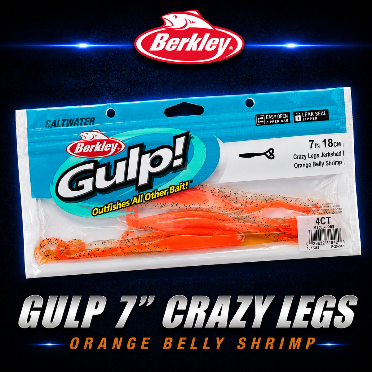 Berkley Gulp! 7" Crazy Legs in Orange Belly Shrimp – prawn-coloured softbait with fluttering twin legs and scent dispersion.