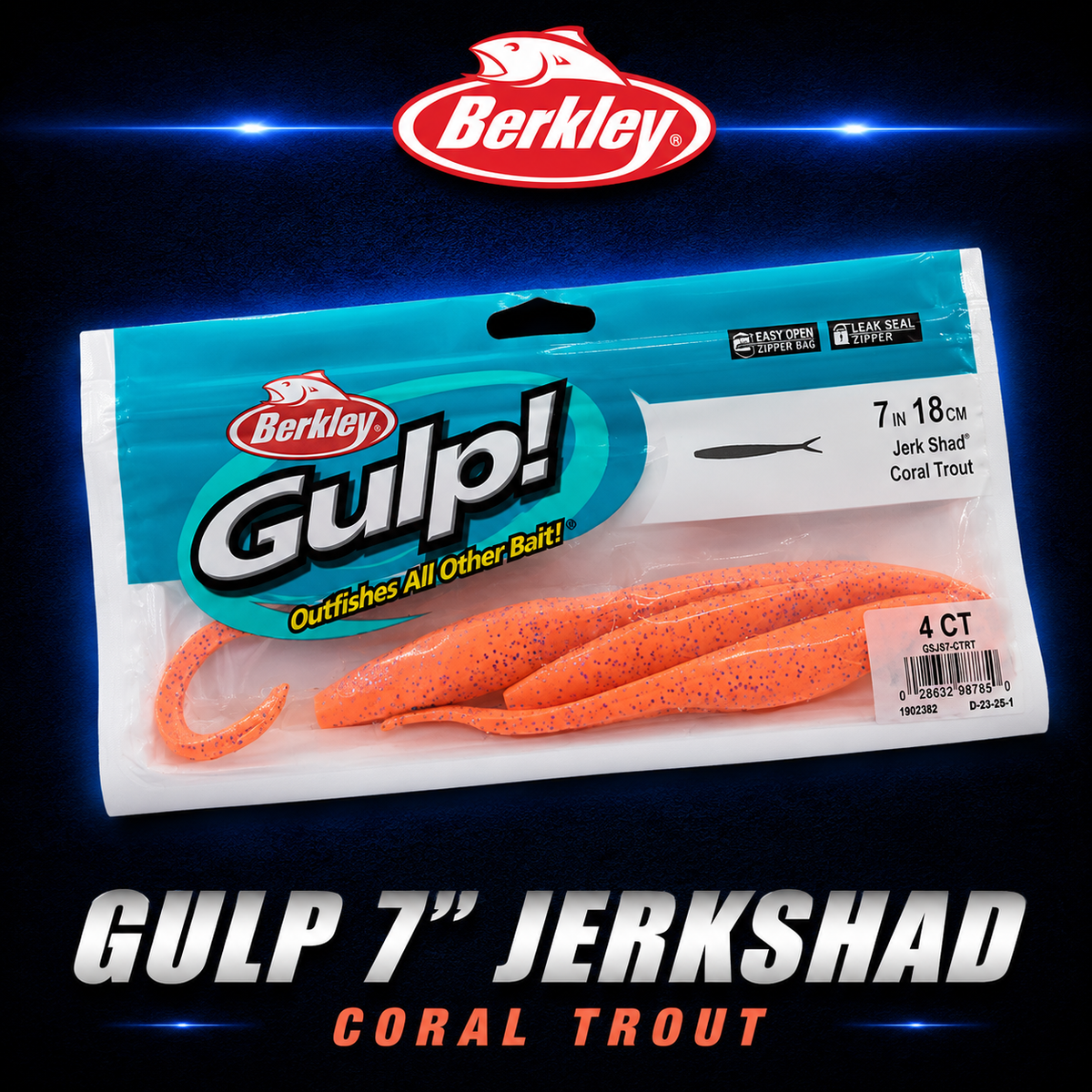 Berkley Gulp! 7" Jerk Shad in Coral Trout – vivid orange-red softbait with natural flicker and scent dispersion for reef predators.