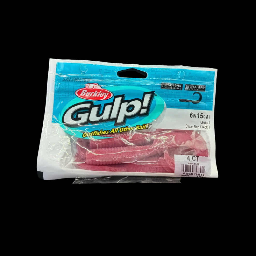 Gulp! 6" Grub in Clear Red Fleck – scented soft bait with curly tail action and red fleck flash for targeting snapper and kingfish.