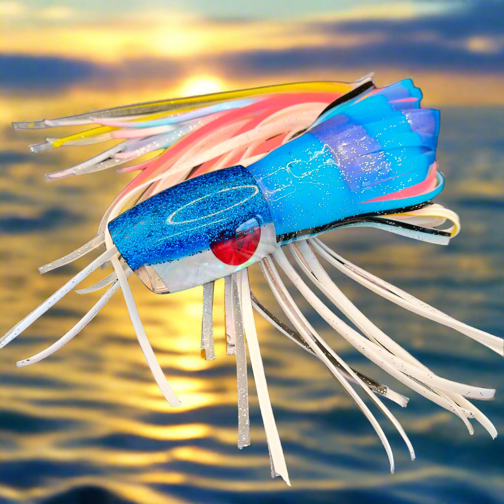 Tantrum Large Bandit DB lure with Blue Ocean Skirts – premium Kona-made marlin lure at Warren Hay Marine.