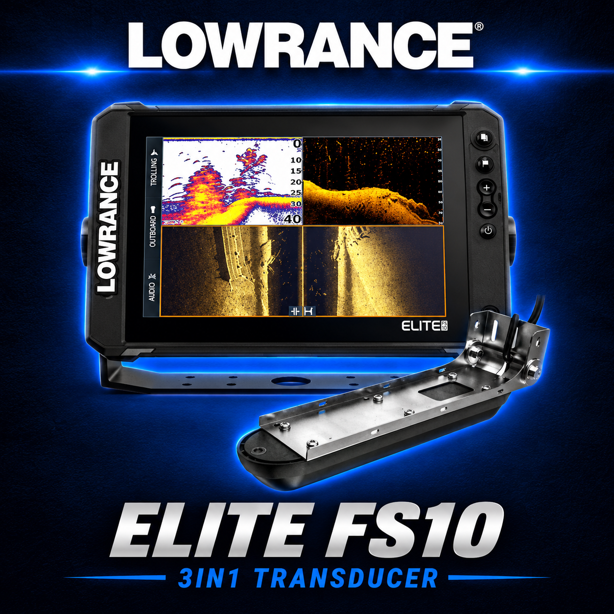 Lowrance Elite FS10 fish finder and chartplotter with Active Imaging 3-in-1 transducer.