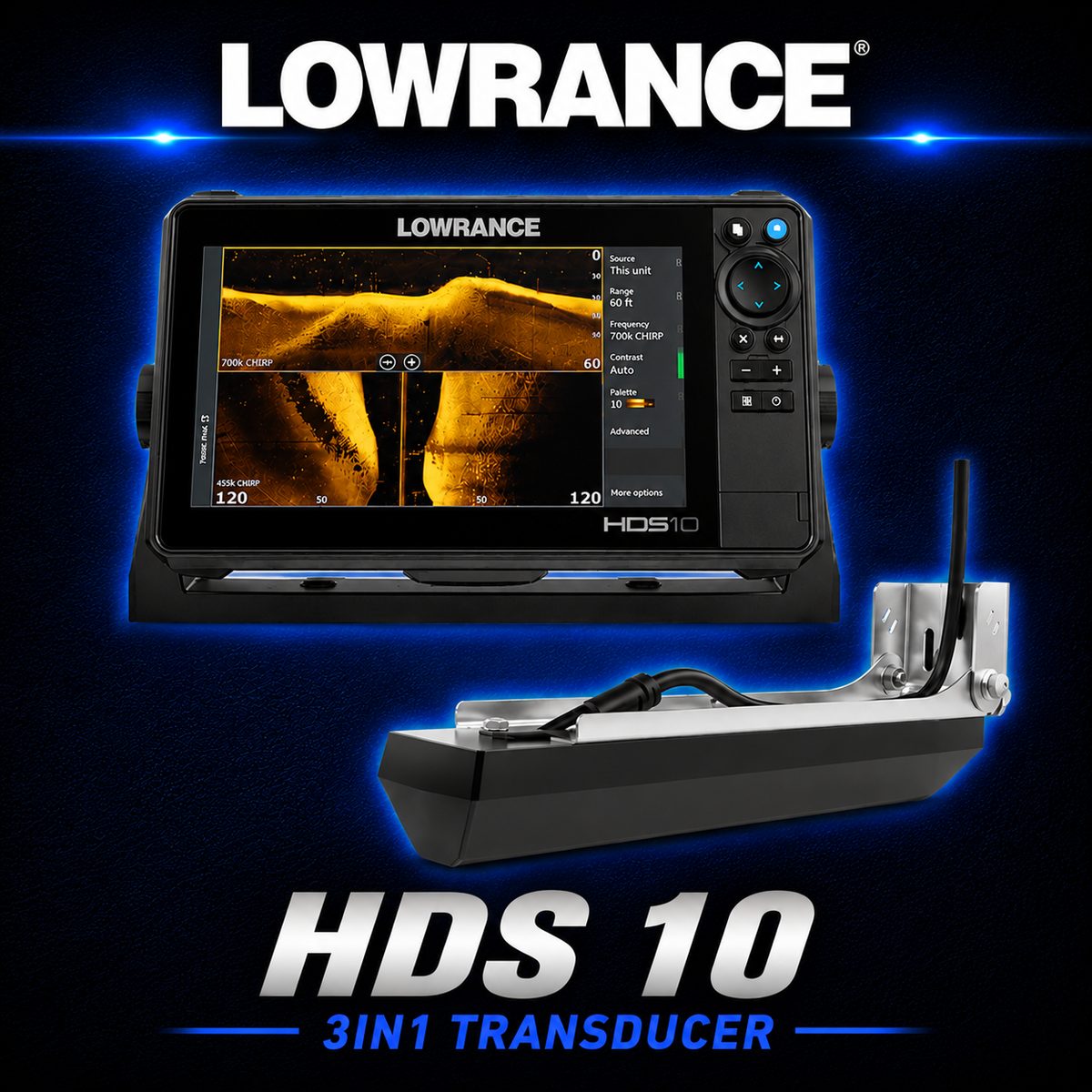 Lowrance HDS 10 fish finder and chartplotter with 3-in-1 transducer for advanced marine sonar and fish finding.