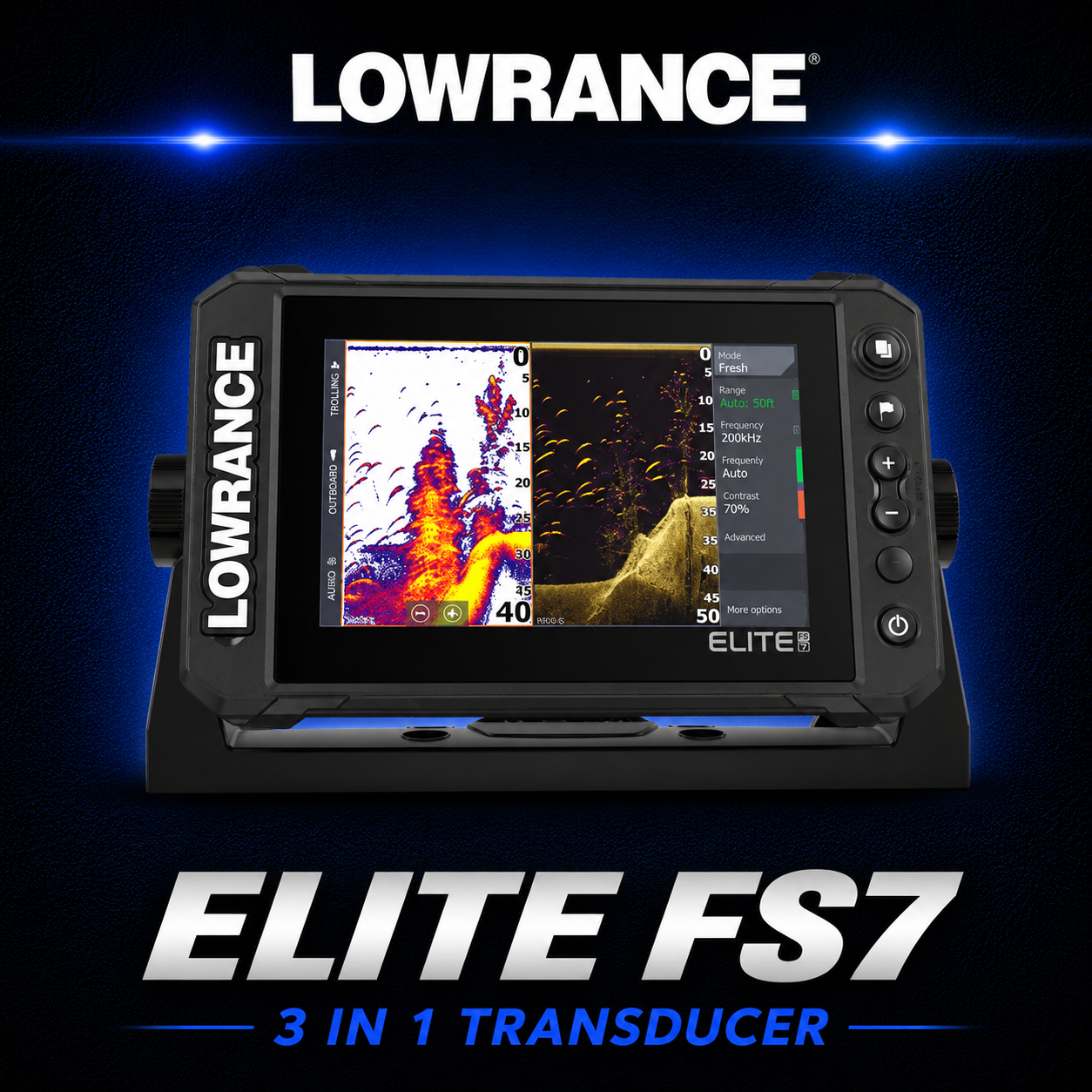 Lowrance Elite FS7 fish finder and chartplotter with 3-in-1 transducer for marine fishing and boating. Warren Hay Marine, Whangarei