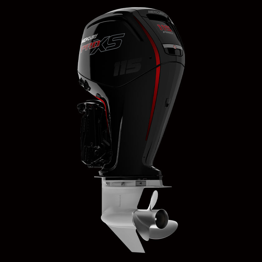 Mercury 115HP L Pro XS outboard with 20-inch shaft and 2.1L EFI 4-cylinder engine – designed for high performance and fuel efficiency, available at Warren Hay Marine in Whangārei.