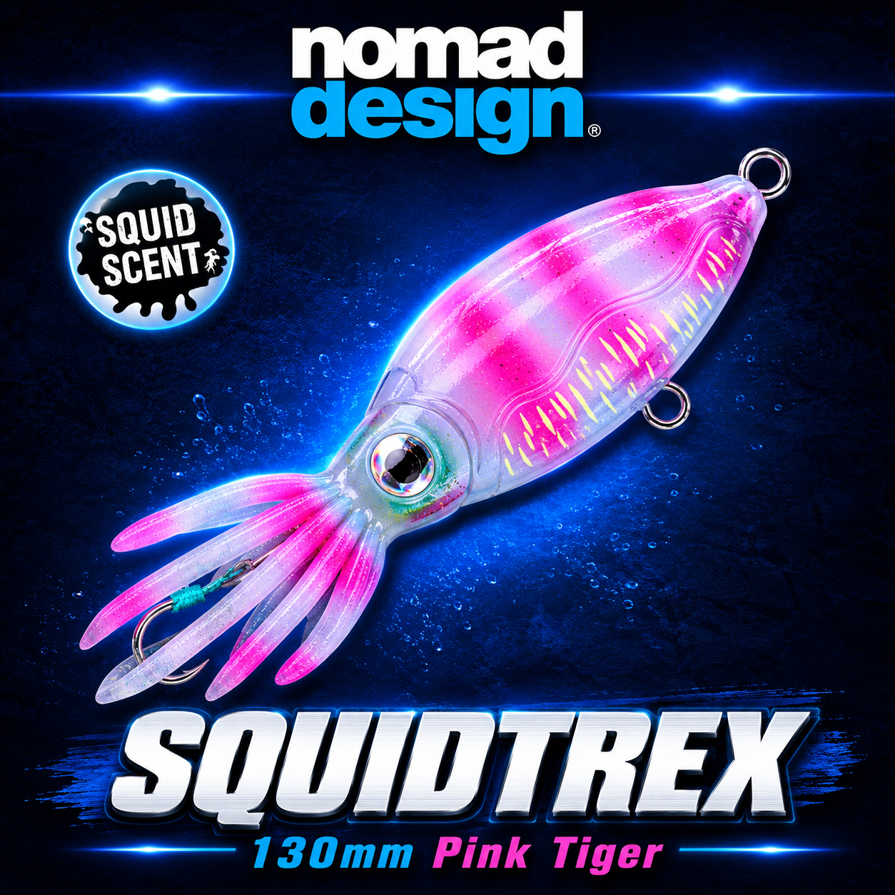 Nomad Squidtrex 130mm pink tiger, Soft fishing lure, Warren Hay Marine
