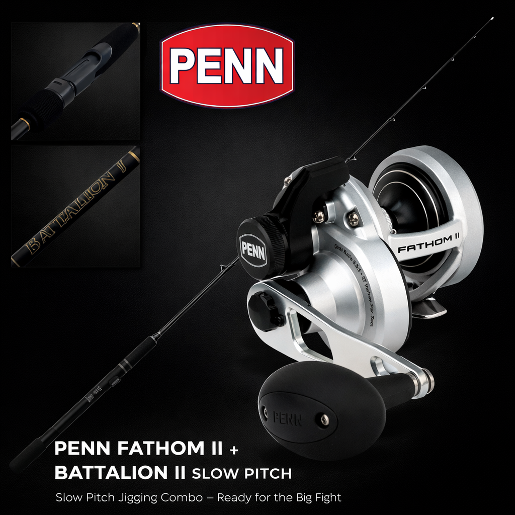 Penn Fathom II FTHII10XNLD lever drag reel paired with Penn Battalion II Slow Pitch 30lb overhead rod combo