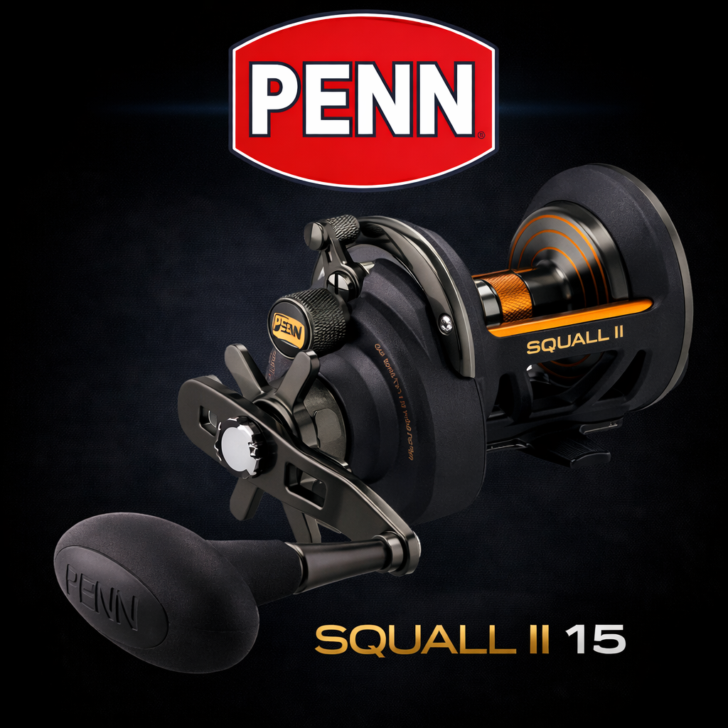 Penn Squall II 15 star drag fishing reel on black background, overhead reel for saltwater fishing