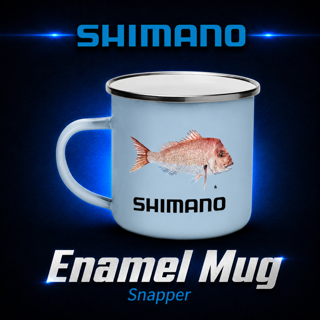 Shimano Snapper Enamel mug, Warren Hay Marine, Whangarei.