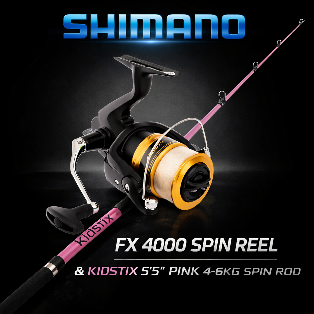 Shimano FX 4000 spin reel and Kidstix pink spin rod