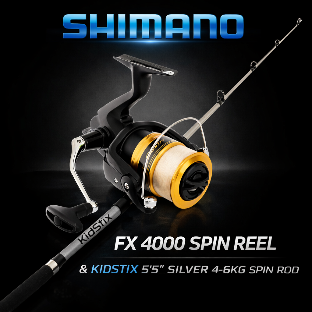 Shimano FX 4000 spin reel with Kidstix 5'5" silver spin rod