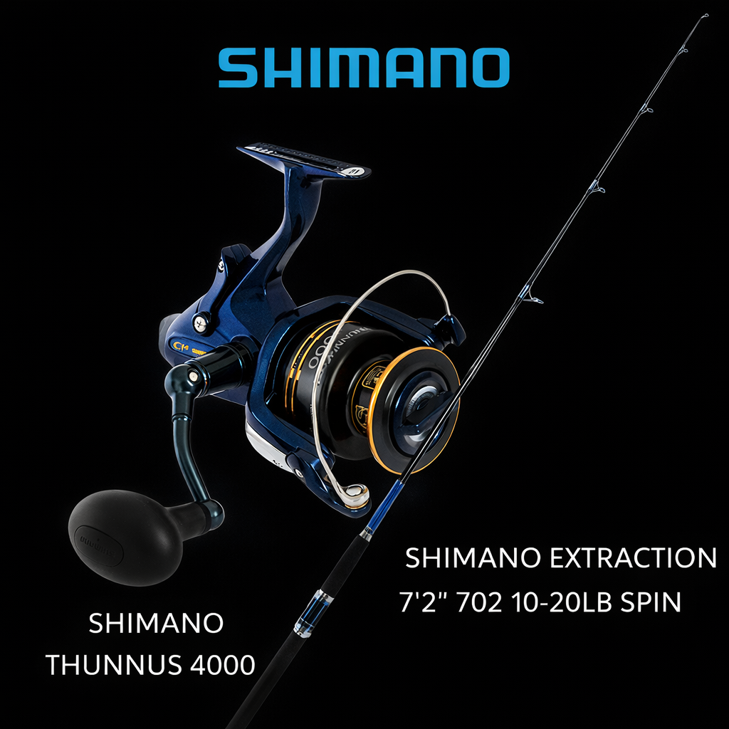 Shimano Thunnus 4000 spinning reel with Shimano Extraction 7’2” spin rod combo
